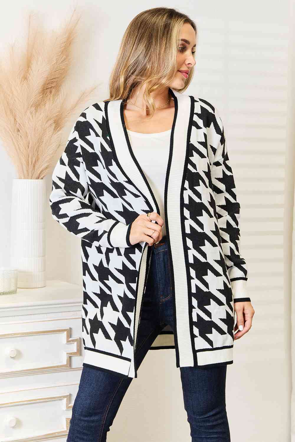 Woven Right Houndstooth Open Front Longline Cardigan - AnAs Market