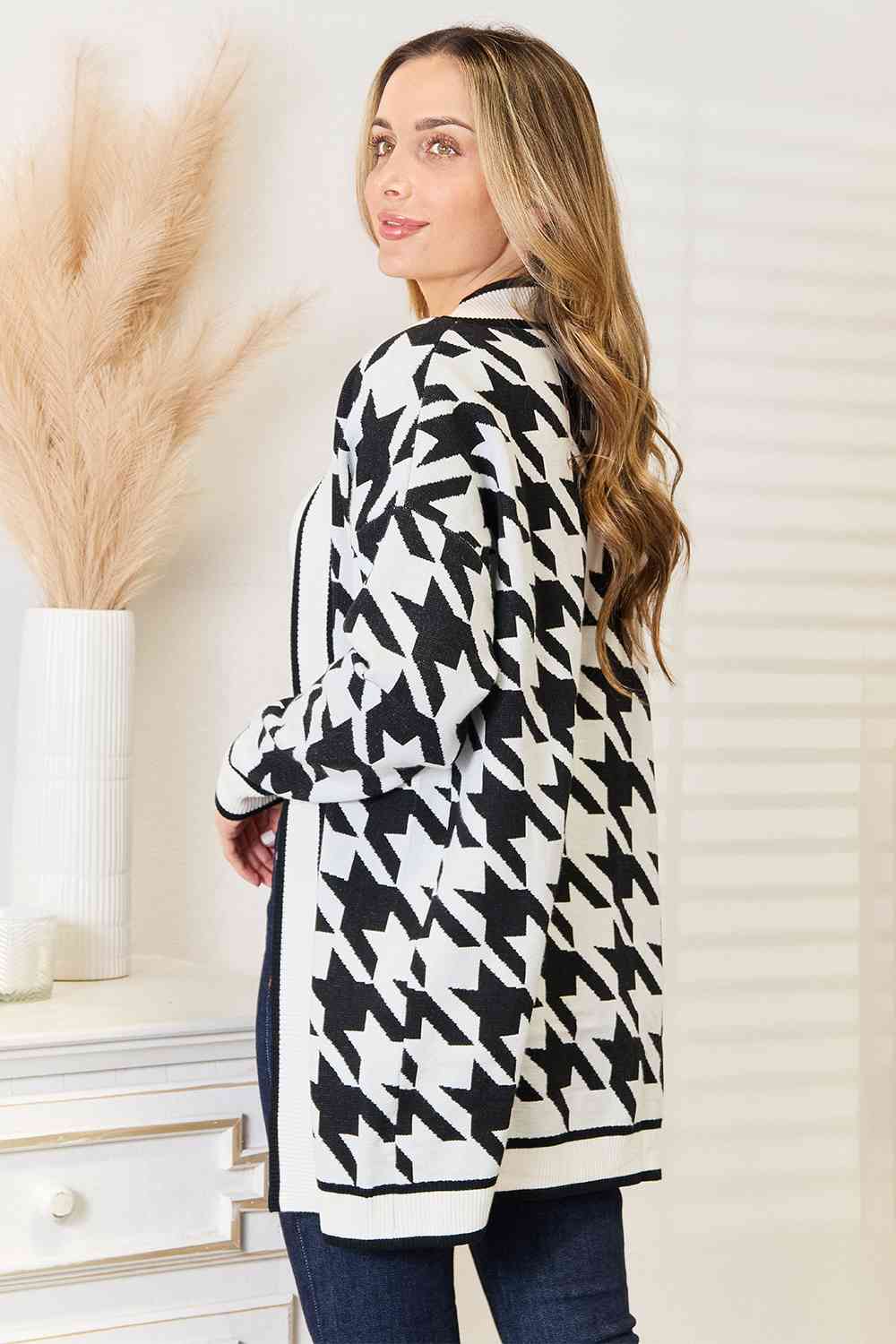 Woven Right Houndstooth Open Front Longline Cardigan - AnAs Market