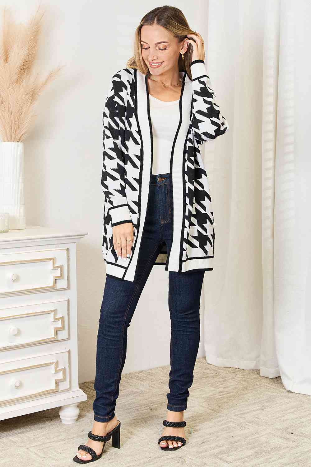 Woven Right Houndstooth Open Front Longline Cardigan - AnAs Market