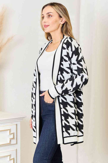 Woven Right Houndstooth Open Front Longline Cardigan - AnAs Market